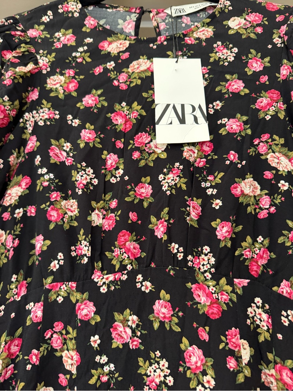 NWT Zara Small Romantic Feminine Black Dress with Pink Rose Floral Print